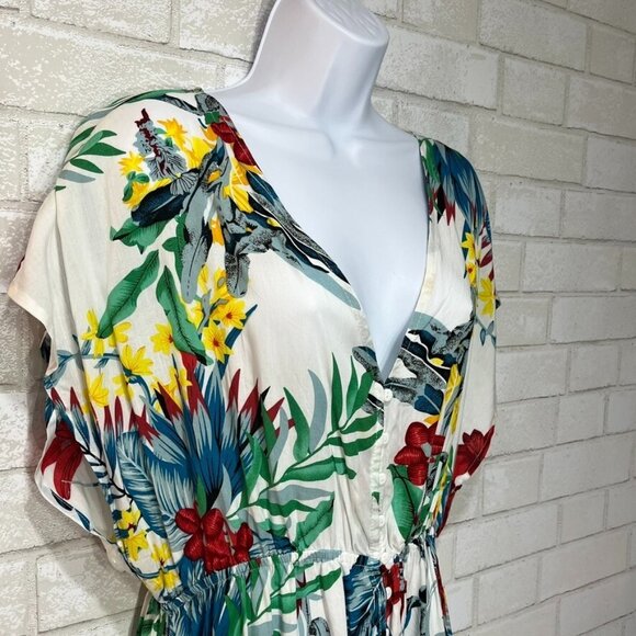 Tropical Rayon Floral Button Midi Dress Size Large Vacation Resort Boho Beachy - Picture 8 of 12